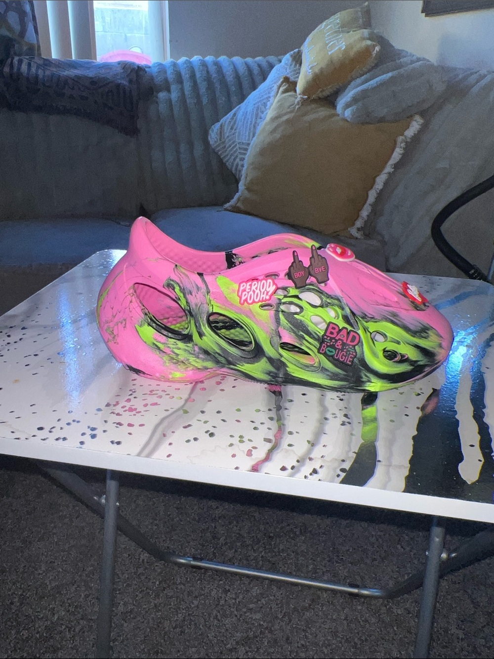 Kids Pink and Neon Green Slip-On Clog - Playful Graphic Design
